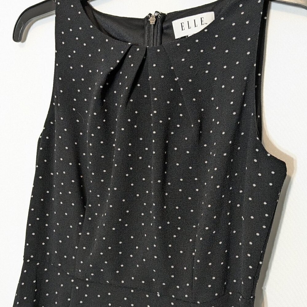 ELLE Black Sleeveless Sheath Dress w White Dots; Poly Knit; Size 6